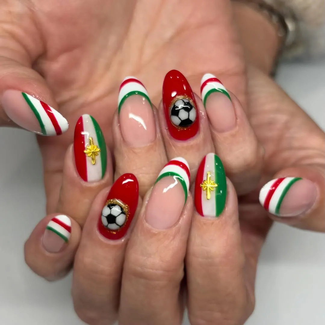 Red-white-green striped set with raised soccer ball and gold cross accents