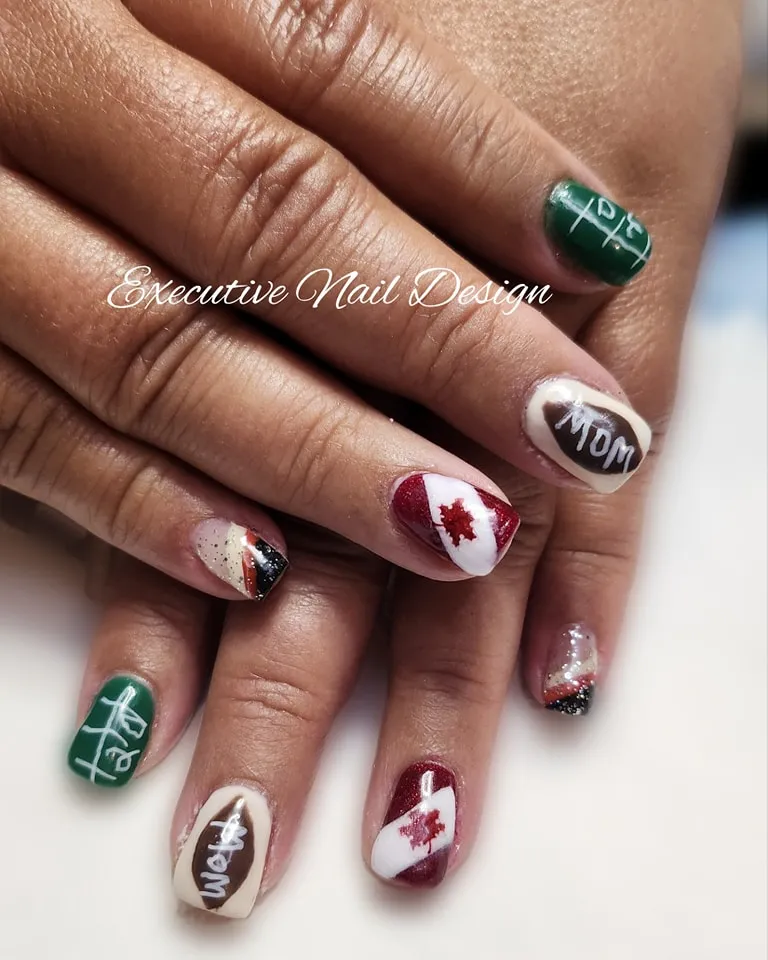 Mixed football-field lettering with 'mom' text and red maple-leaf accents