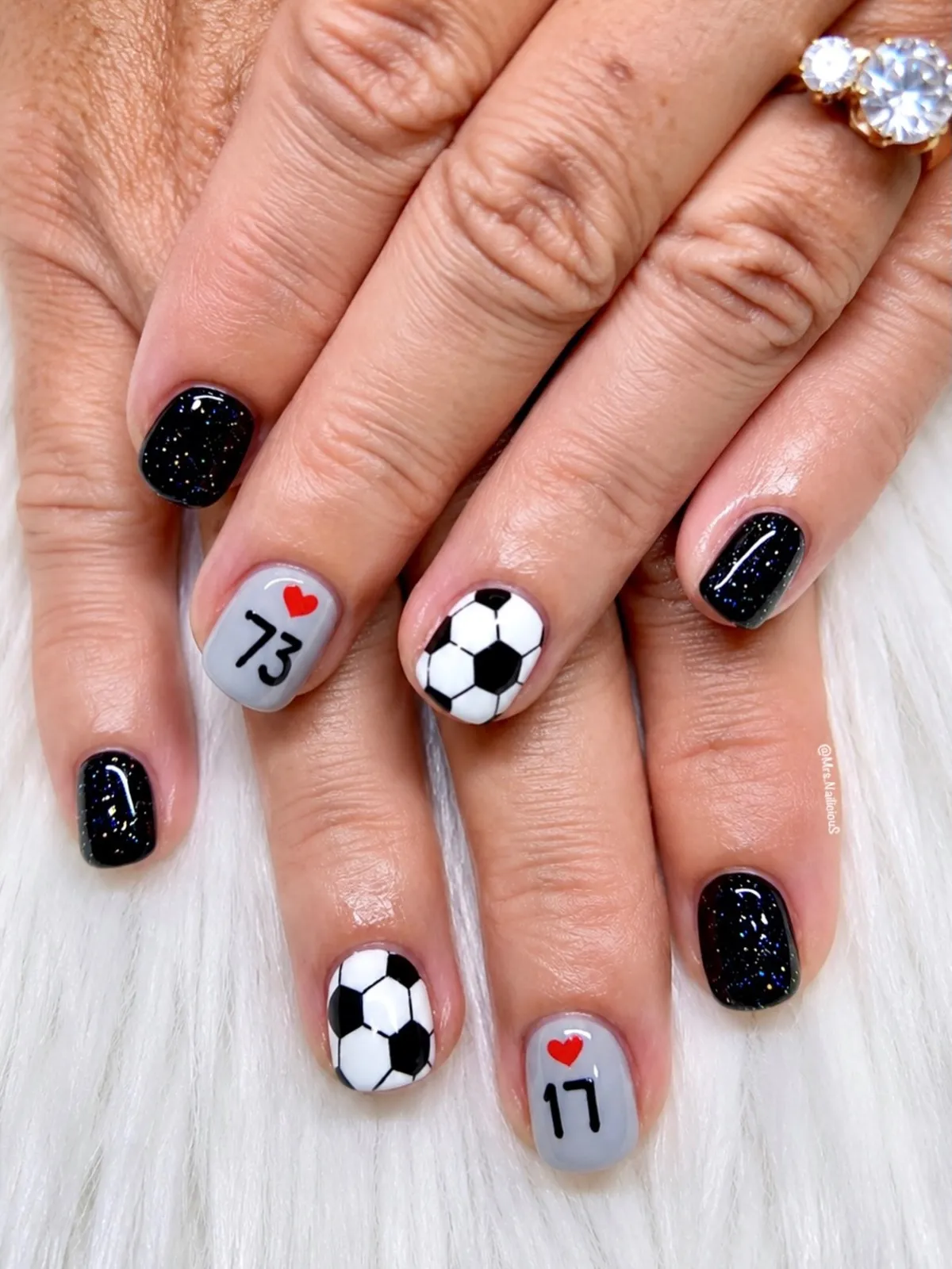 Glitter black with soccer balls and heart-topped numbers