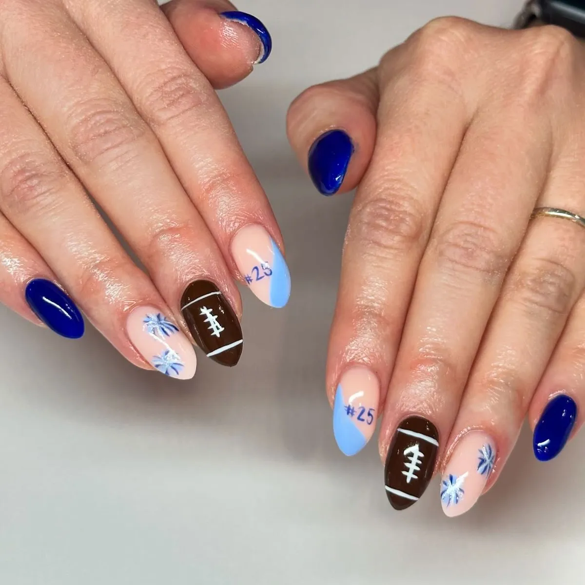 Blue and nude set with "#25" and football-lace accents