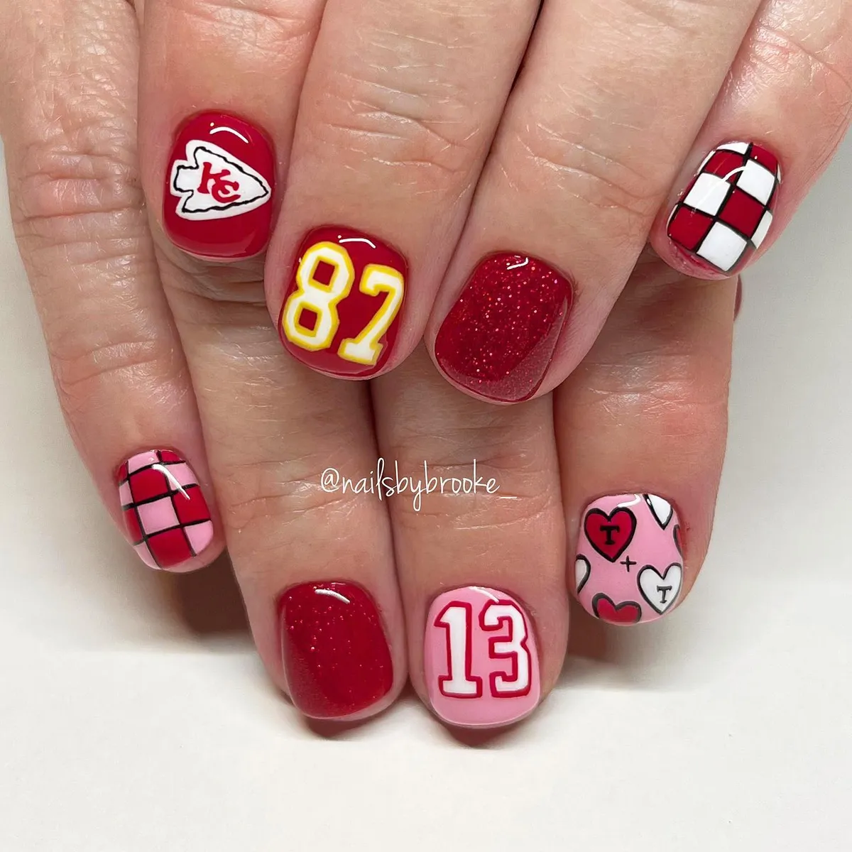 Red and pink graphic set with numbers, checks, and hearts