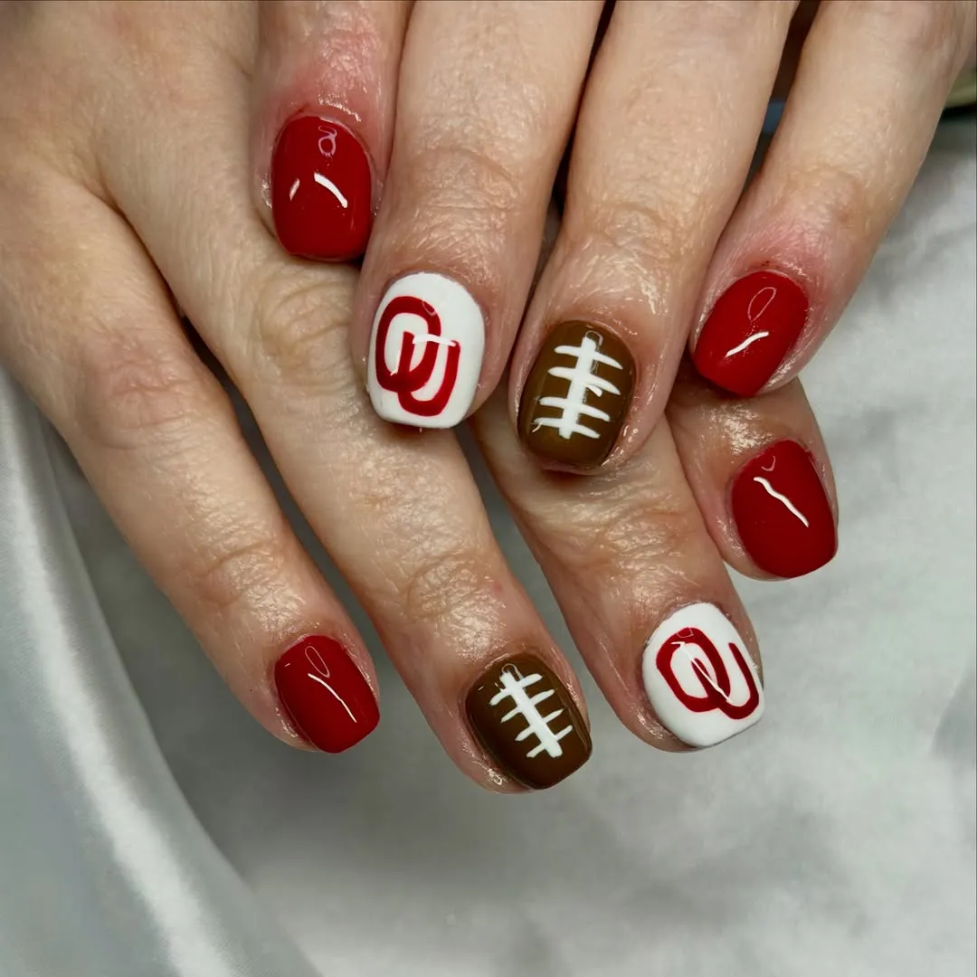 Red solids with white letter accents and brown lace motifs