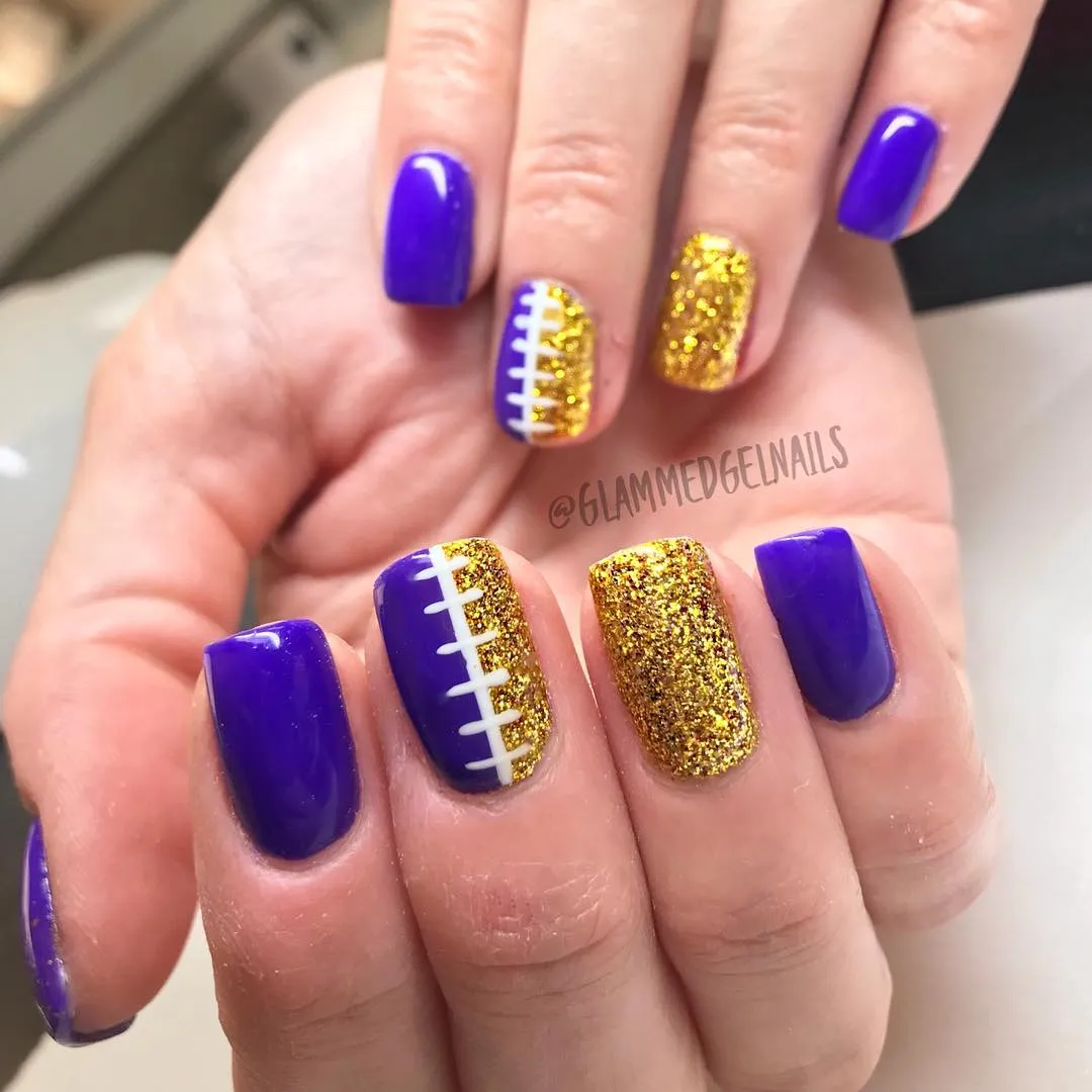 Purple and gold glitter split nails with lace detail