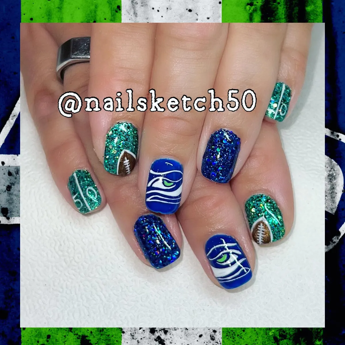 Teal and blue glitter set with footballs and eye graphic