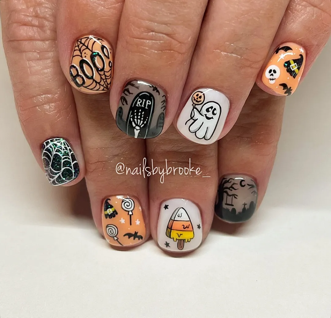 Mixed Halloween icons with text and candy motifs