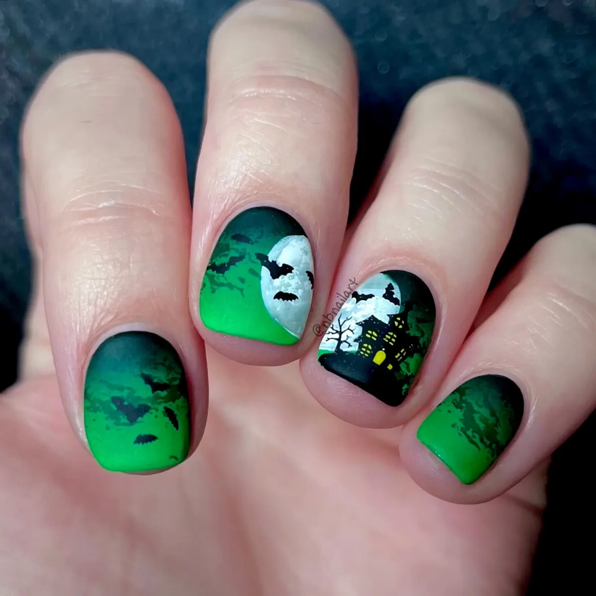 Green gradient night scene with bats and house silhouette