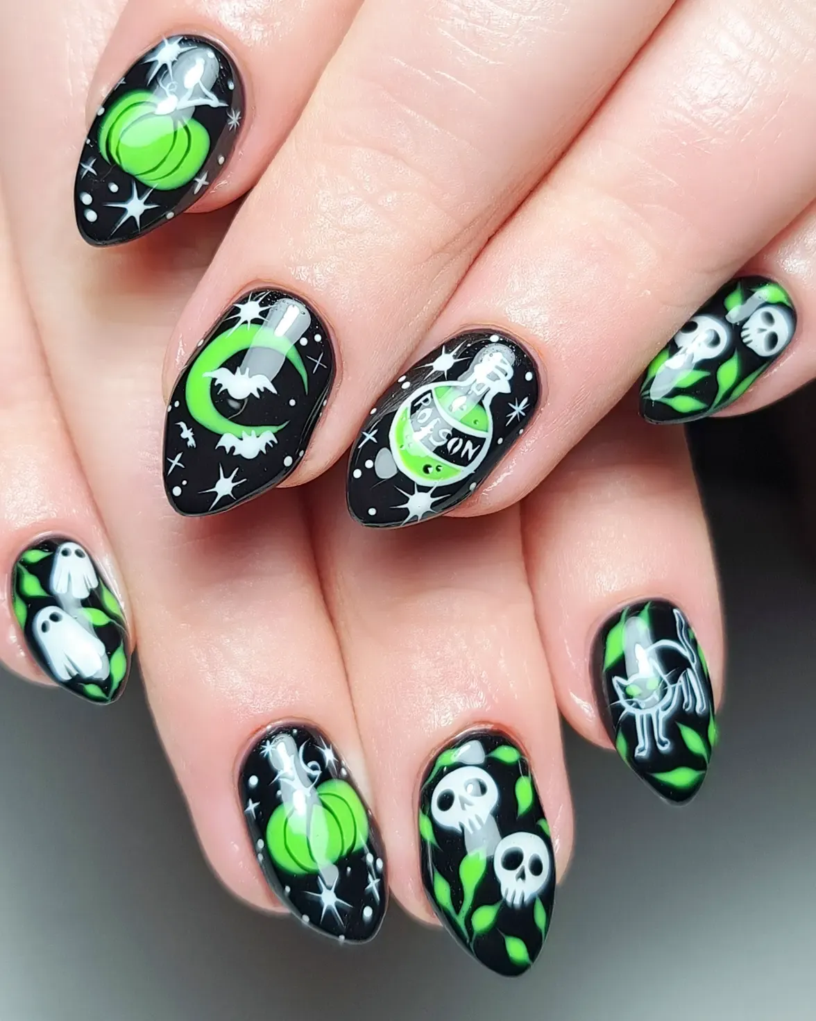 Black base with neon-green pumpkins, skulls, and โPOISONโ bottle