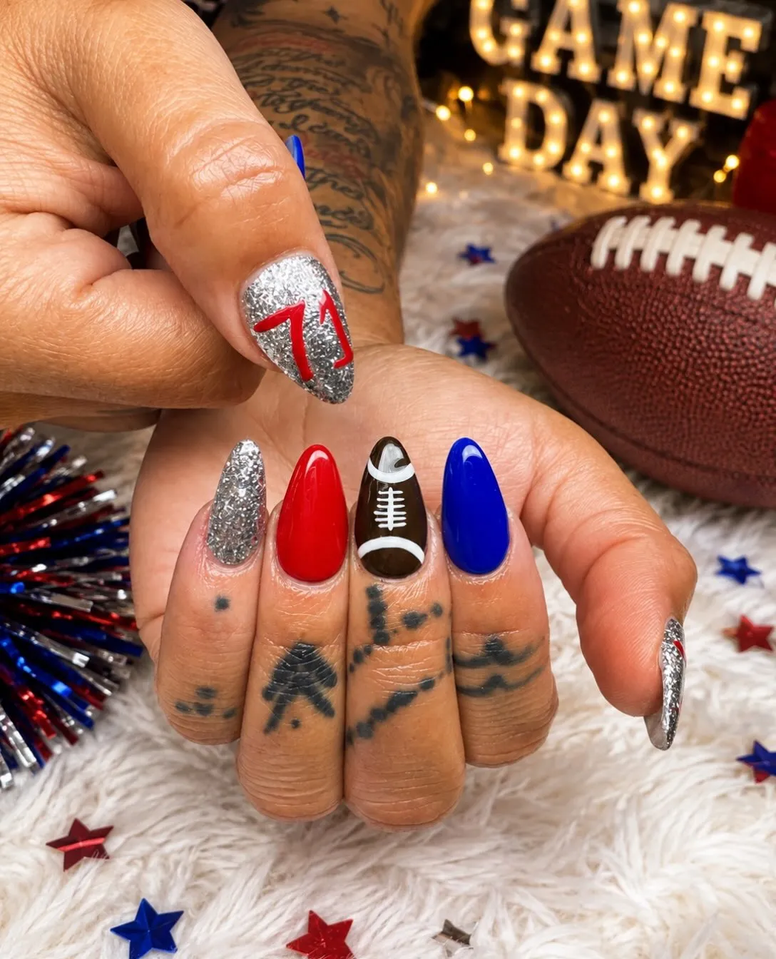 Silver glitter and bold solids with football and "GAME DAY" backdrop