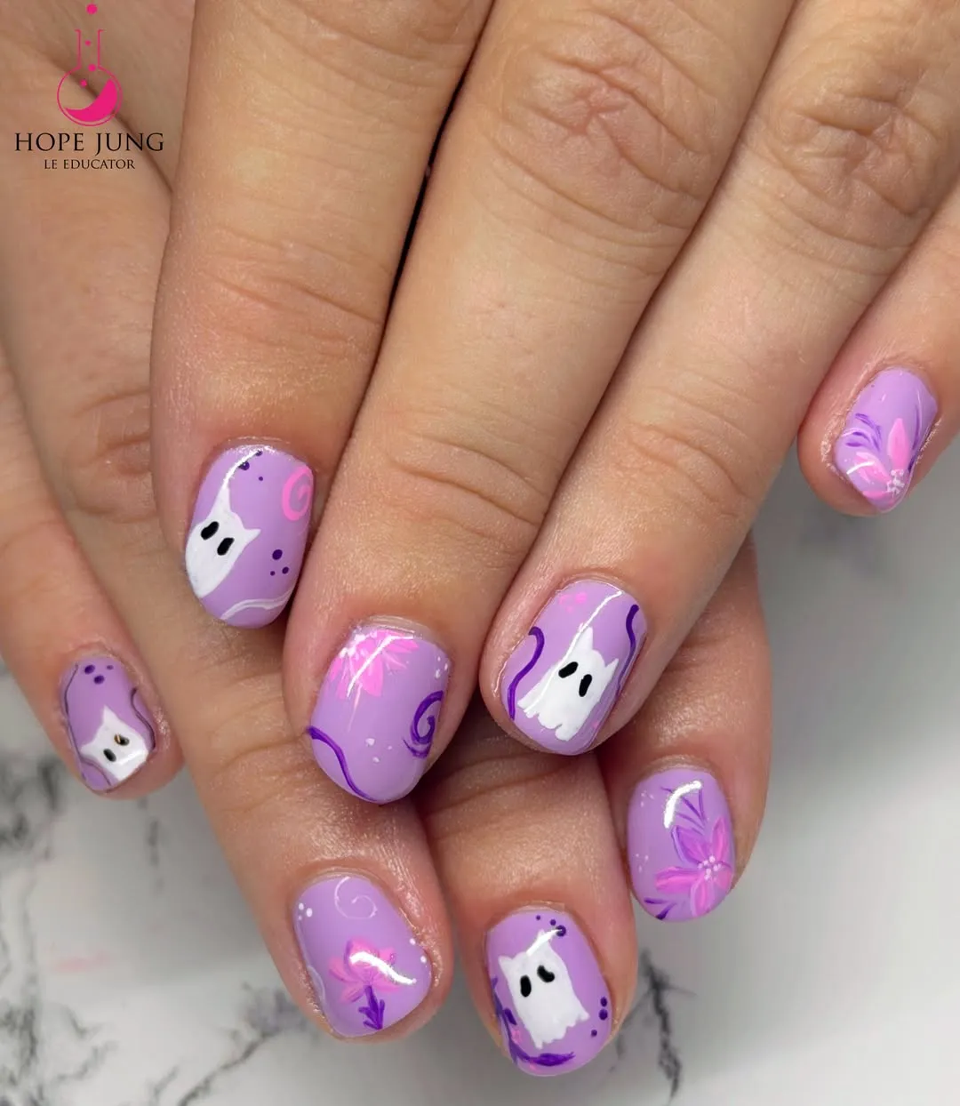 Lavender Ghost Nails with Swirls and Floral Accents