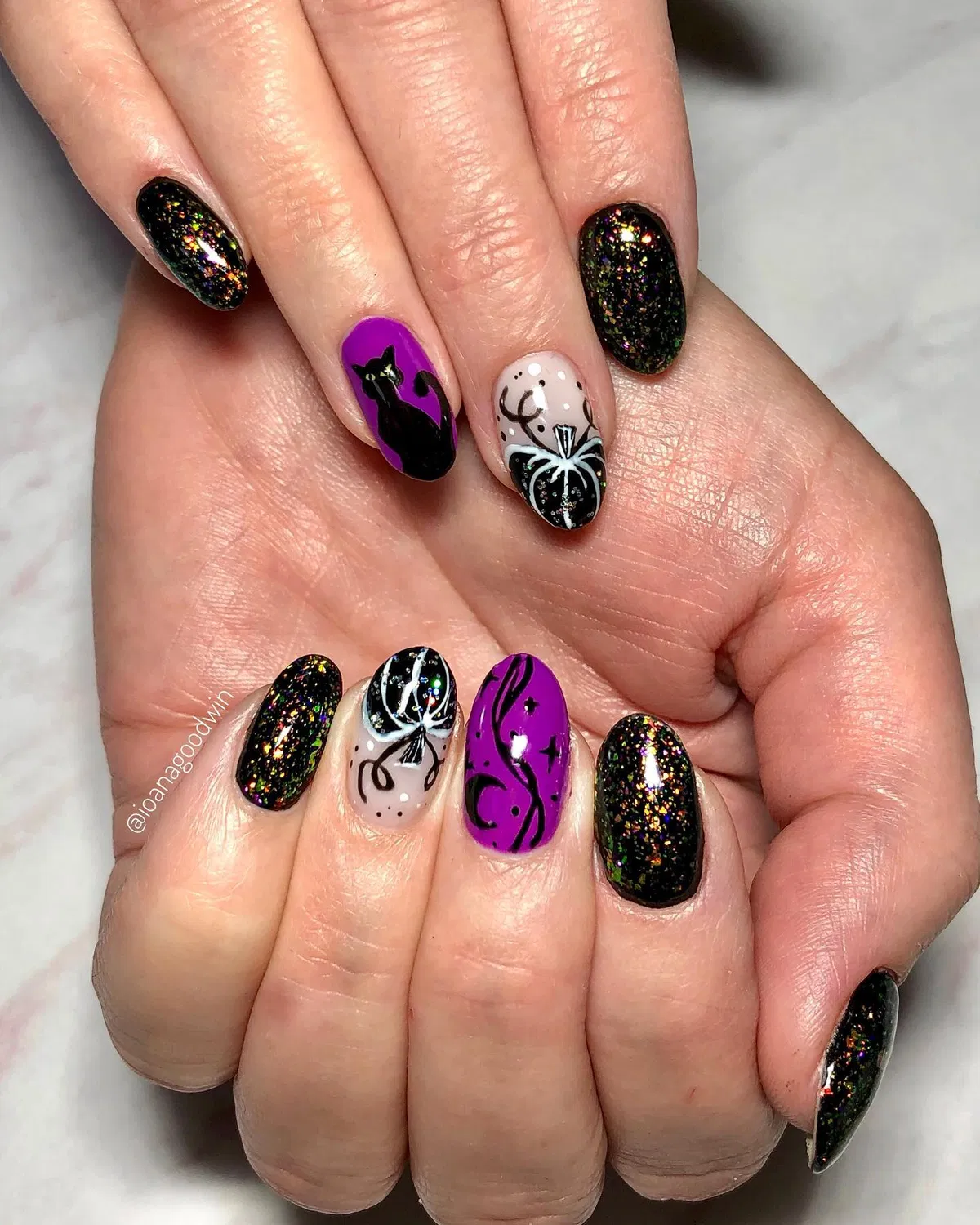 Black glitter with purple cat and pumpkin accents