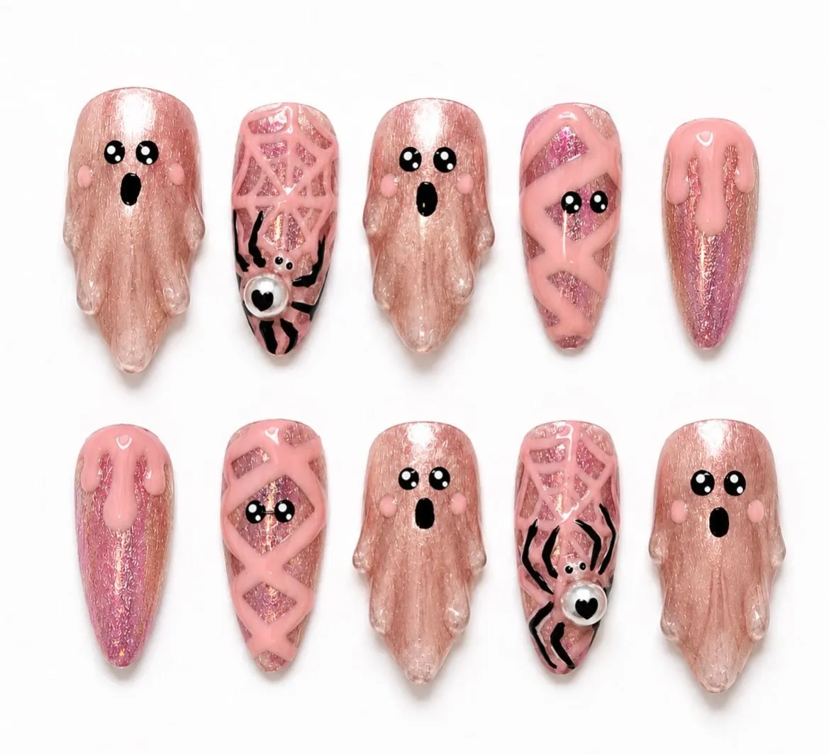 Pink glitter press-on set with 3D ghosts and pearl spider accents