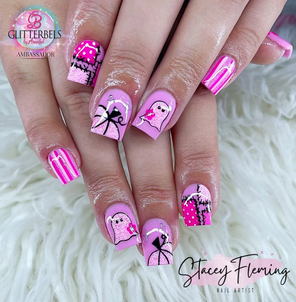 Pink-and-lilac set with ghosts, stripes, and rhinestone accents