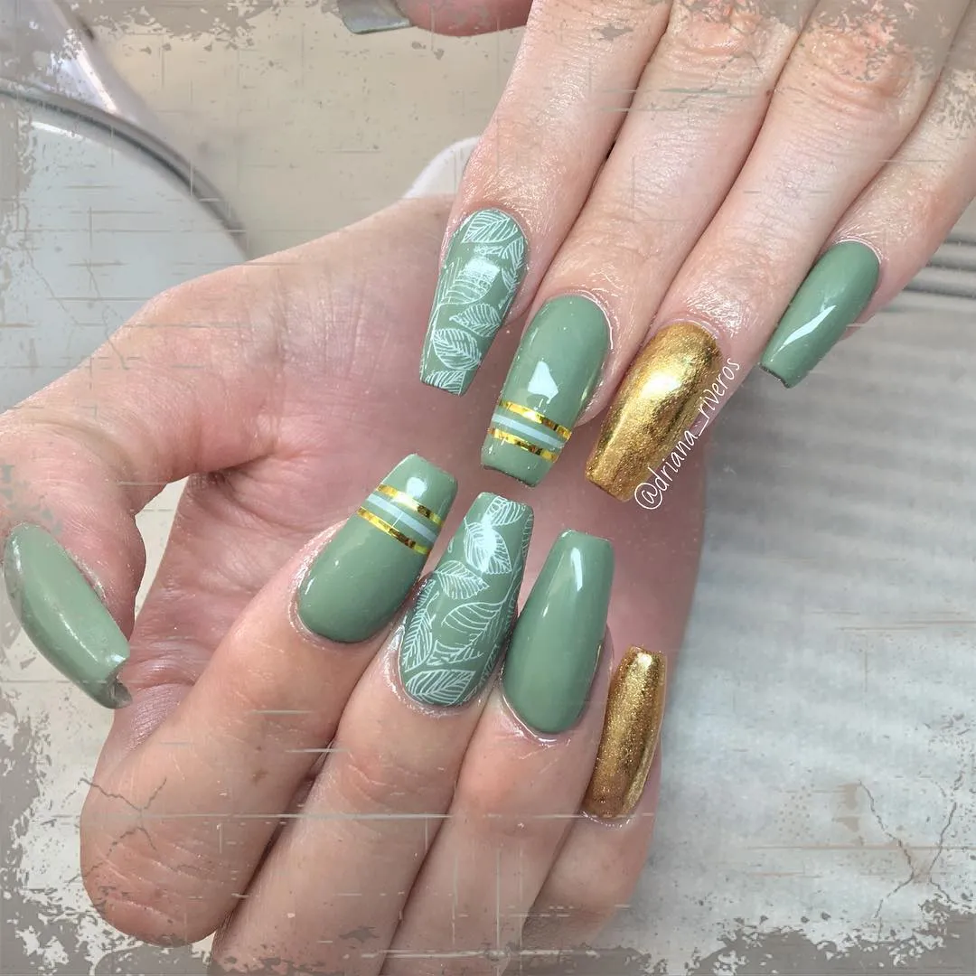 Glossy sage with white leaf outlines and gold bands