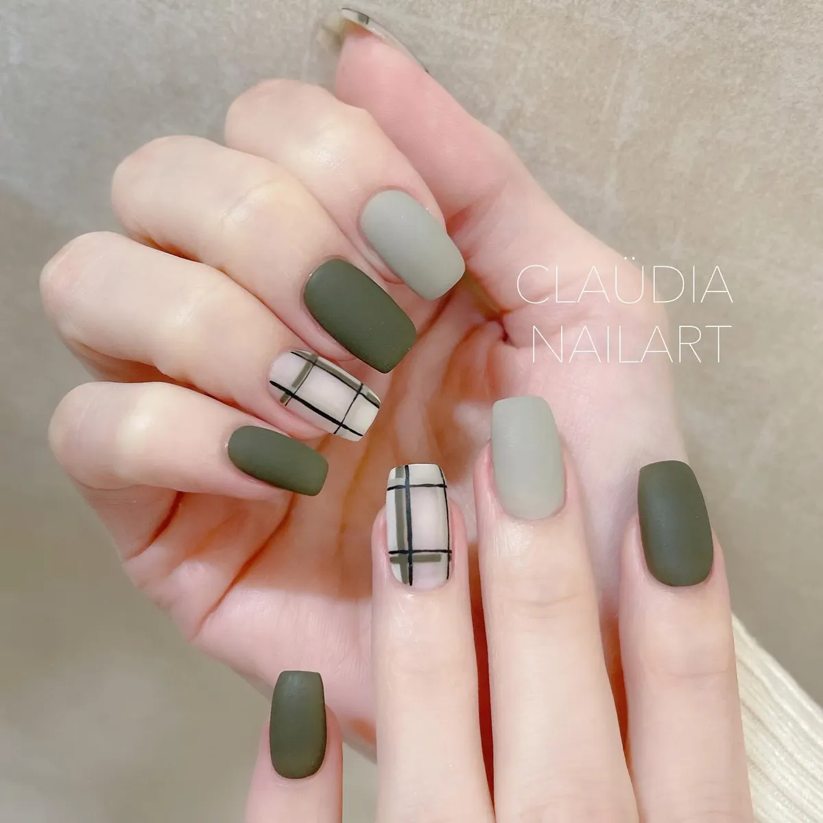 Matte olive and neutral with black plaid accents
