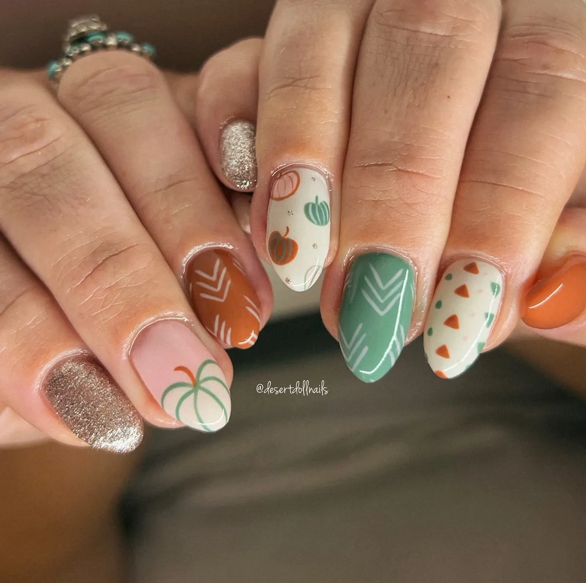 Mixed green/orange graphics with pumpkin-like motifs