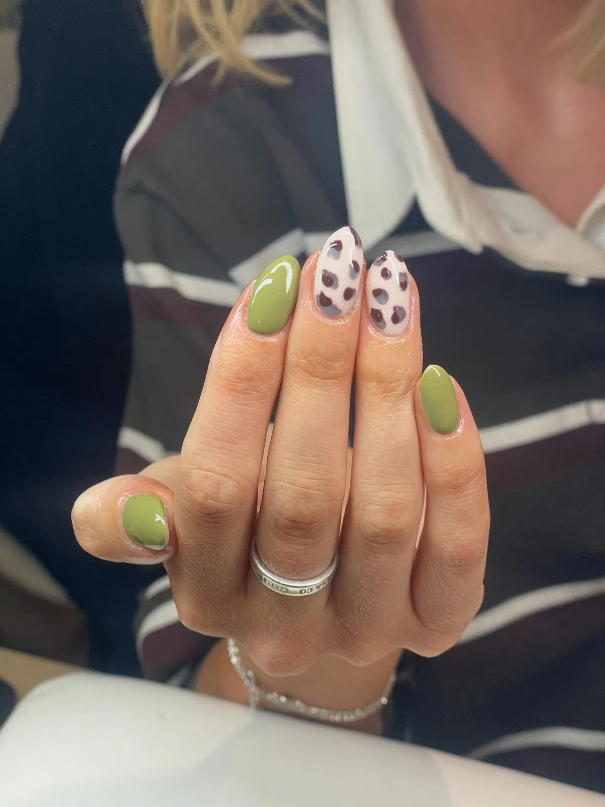 Olive gloss with milky spotted accent nails