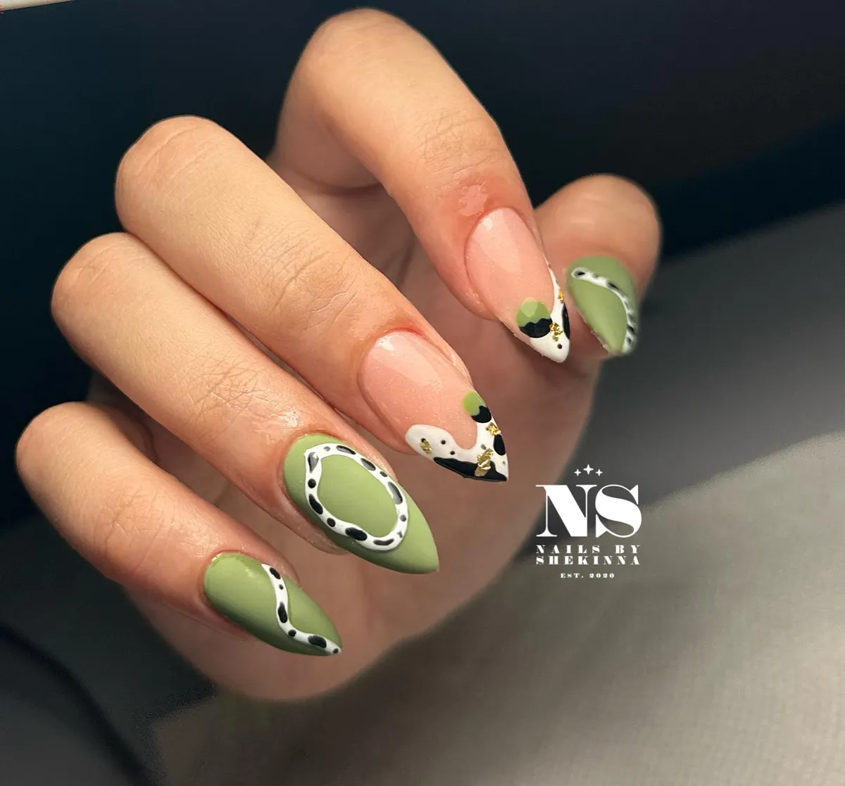 Olive and nude stiletto set with dotted oval frames and abstract tips