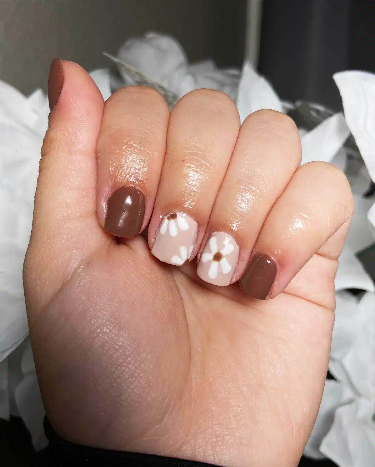 Dark Brown and Nude Nails with White Daisy Flowers