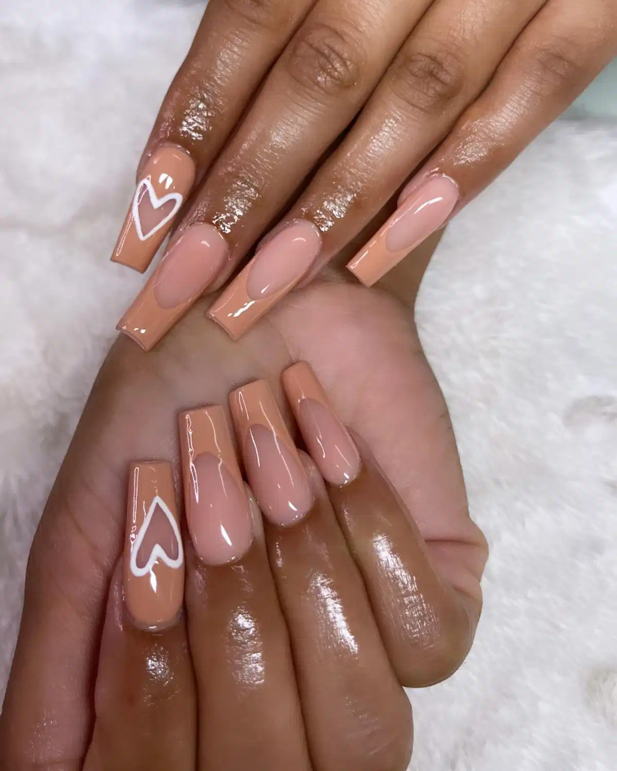 Peachy Nude Long Nails with White Outline Hearts