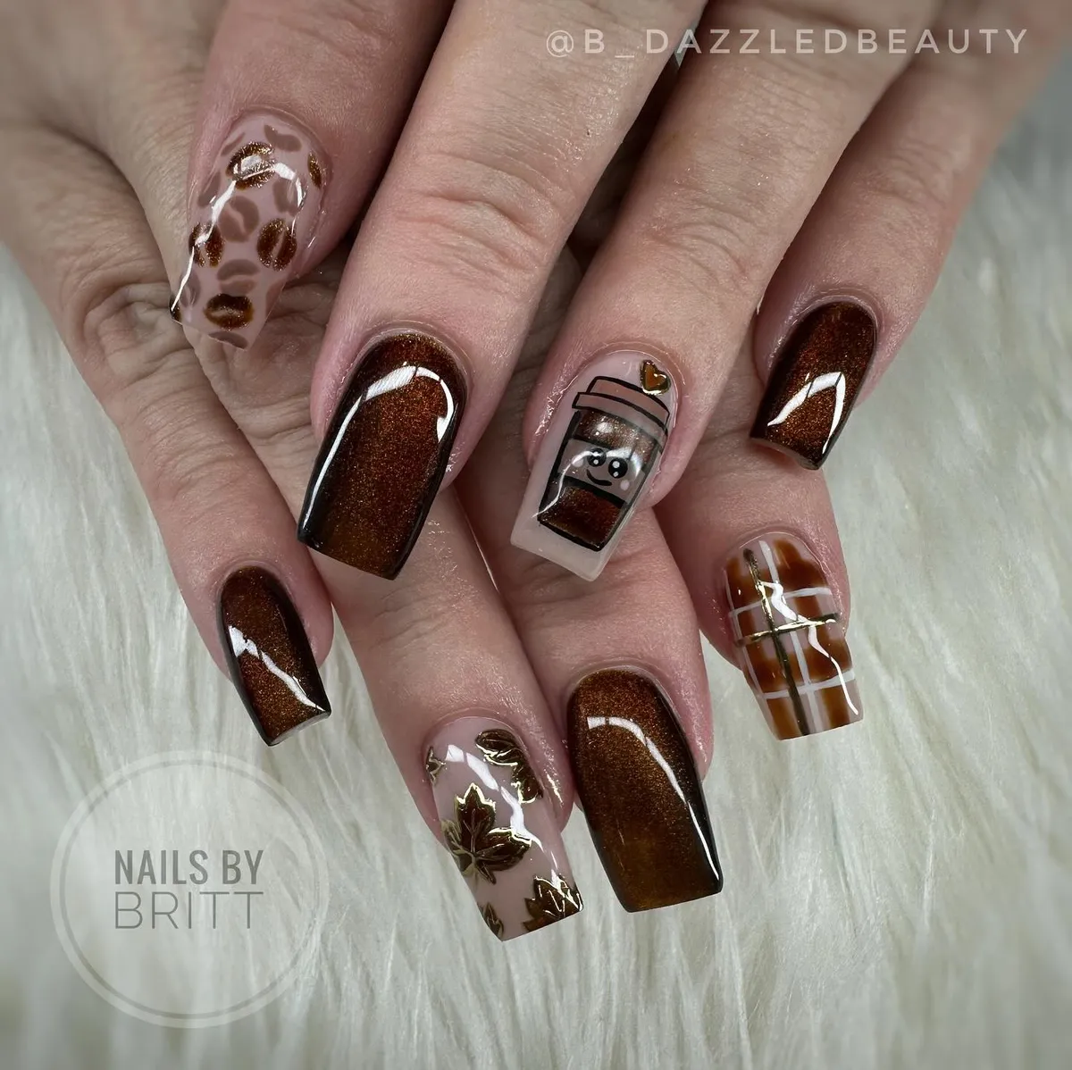 Shimmery brown set with plaid, leopard spots, gold leaves, and a cute cup accent