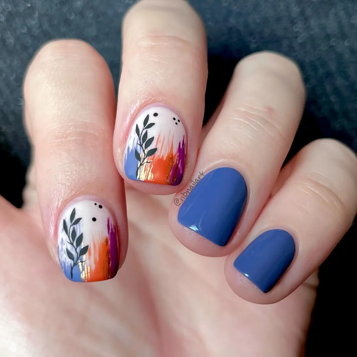Blue solids with multicolor brush-stroke botanical accents