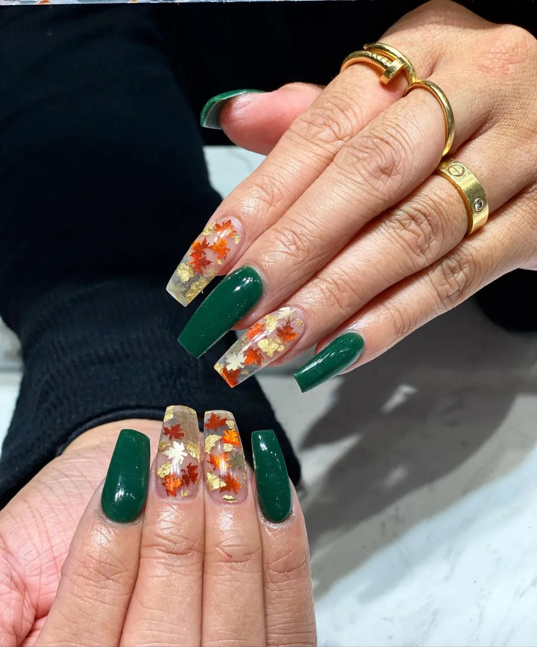 Deep Green Coffin Nails with Clear Leaf Inlays