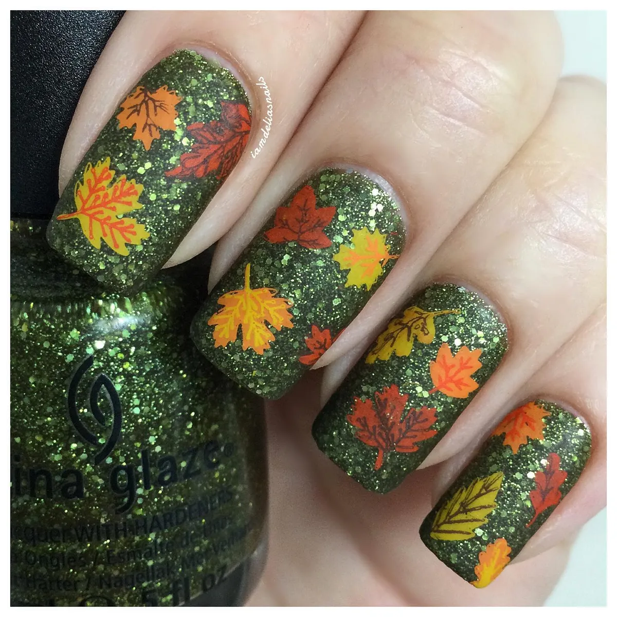 Glittery Green Base with Multicolor Leaves