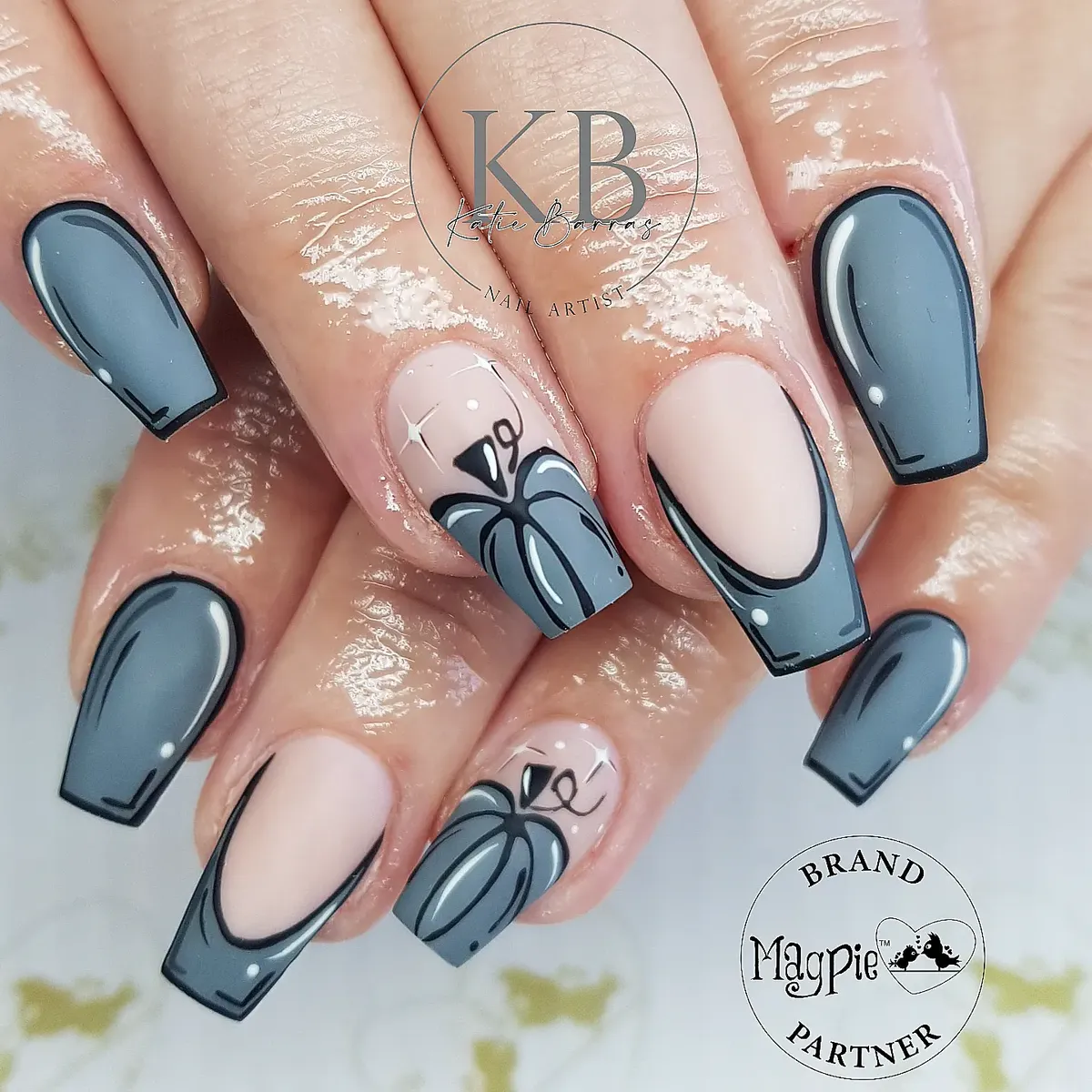 Gray Framed Nails with Pumpkin Outline Accent