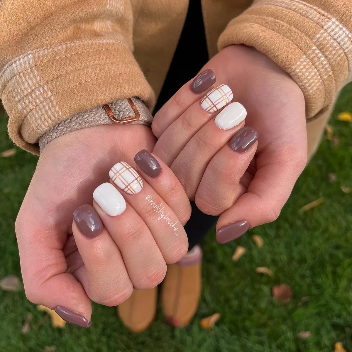Mauve-brown and white with gold-lined plaid accents