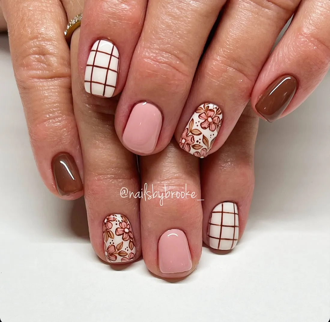 Brown, Pale Pink, and White with Grid and Floral Art