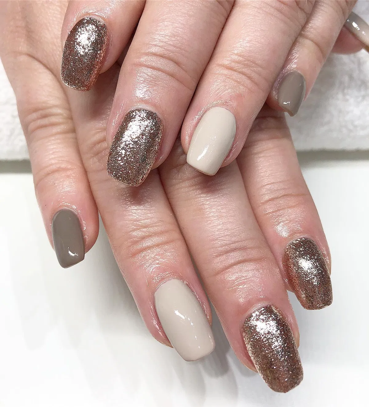 Taupe and Beige with Bronze-Brown Glitter Nails