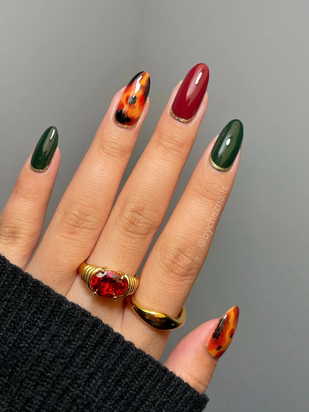 Deep green and burgundy with marbled accents