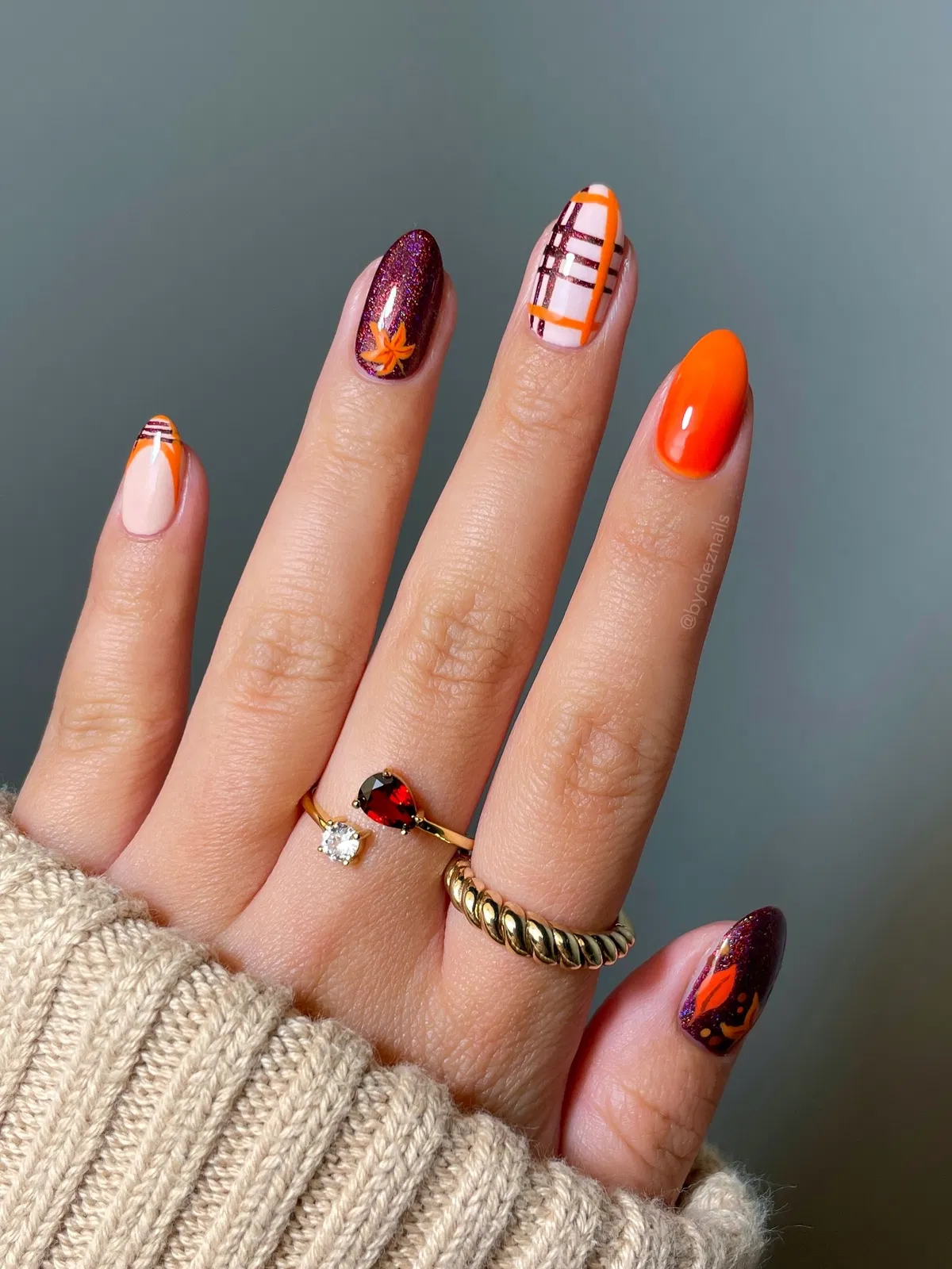 Orange and Purple with Plaid and Leaf Art