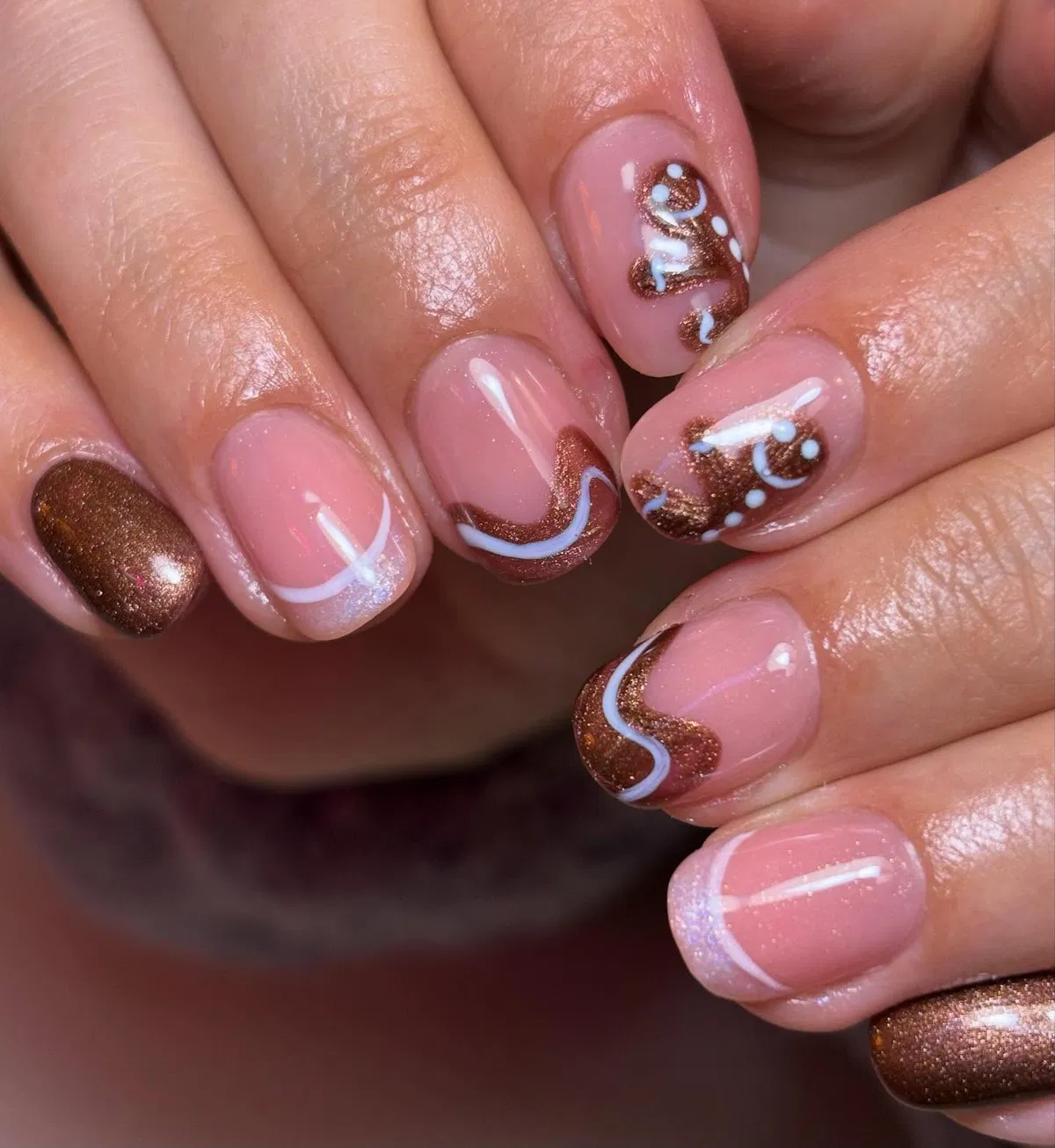 Nude pink with brown glitter swirls
