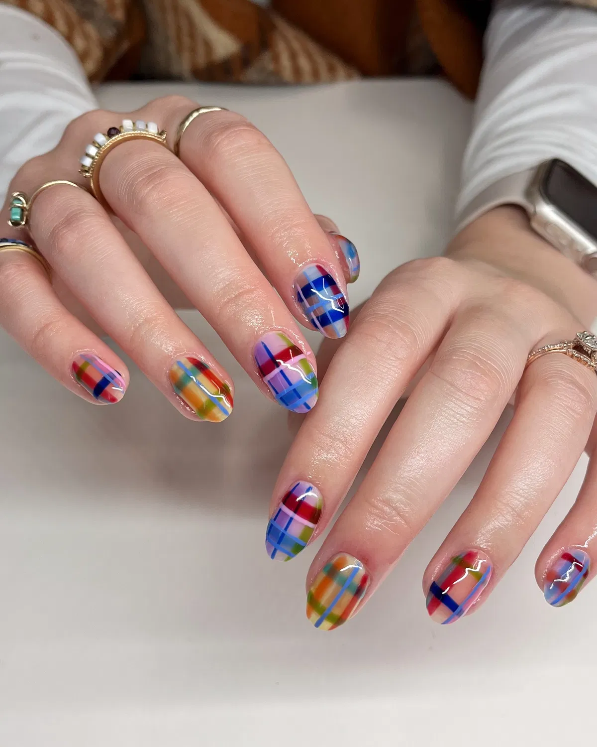 Bright multicolor plaid nails