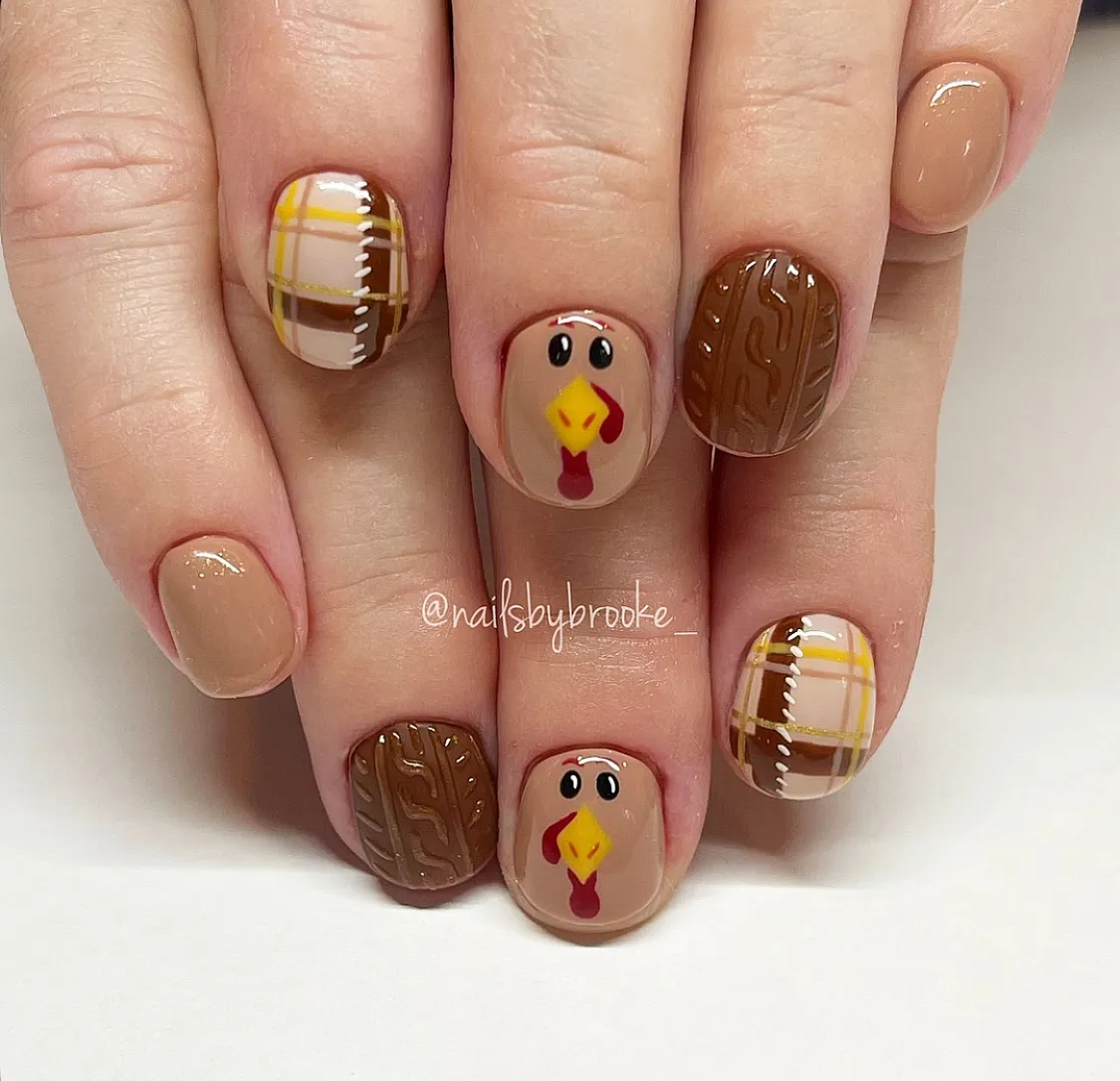 Neutral plaid and cartoon bird accents