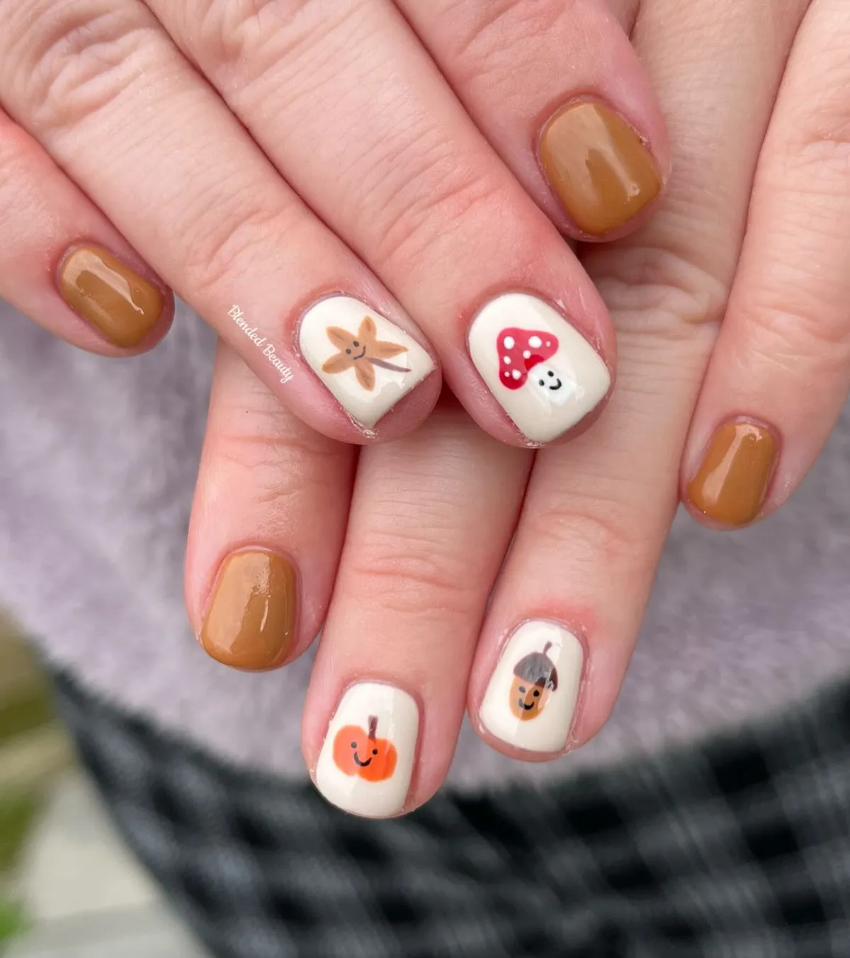 Tan and Cream Nails with Cute Fall Character Icons