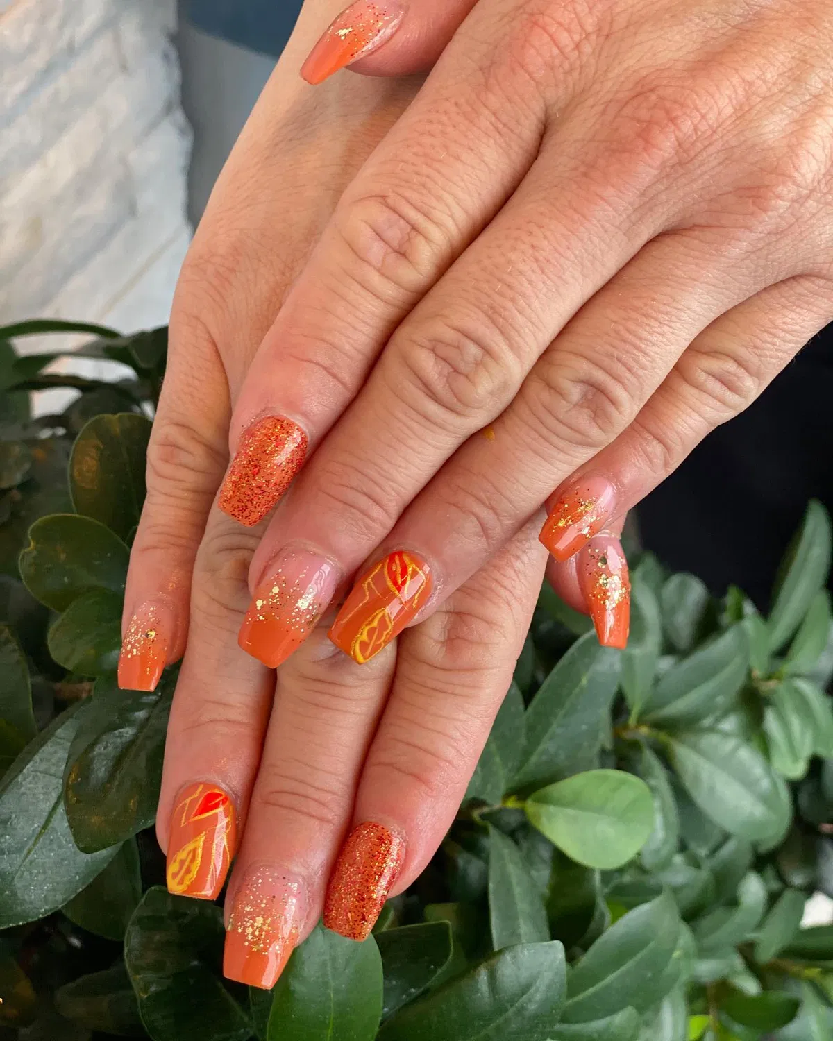 Long orange set with gold glitter and fine line art