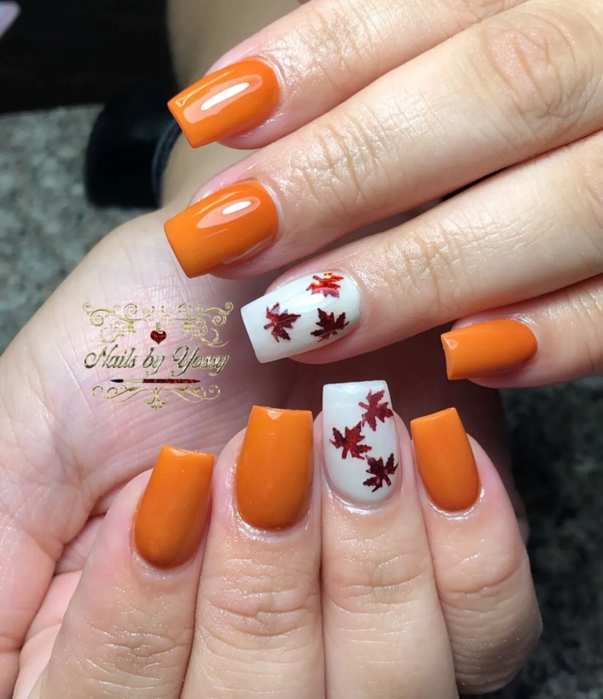 Solid orange with white leaf-print accents
