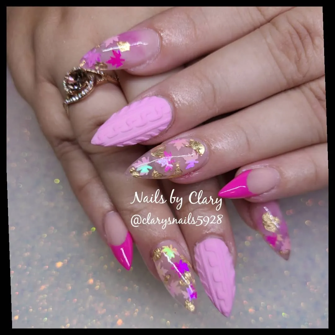 Textured pink with leaf confetti and bright pink tips