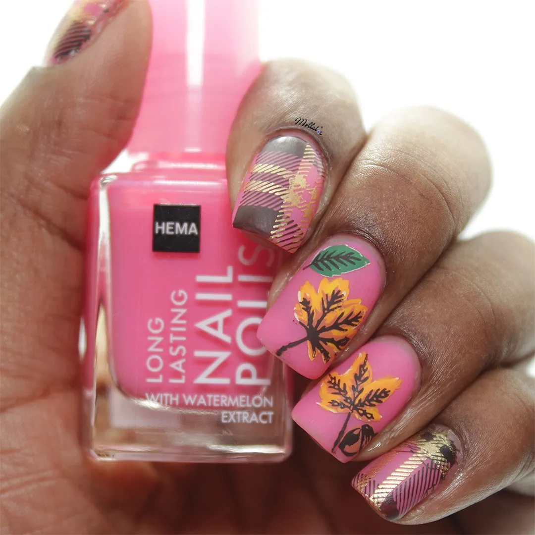 Bright pink with plaid and leaf nail art