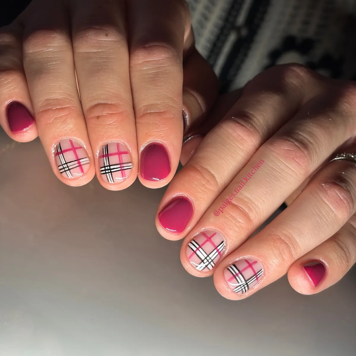 Berry pink solids with plaid line accents