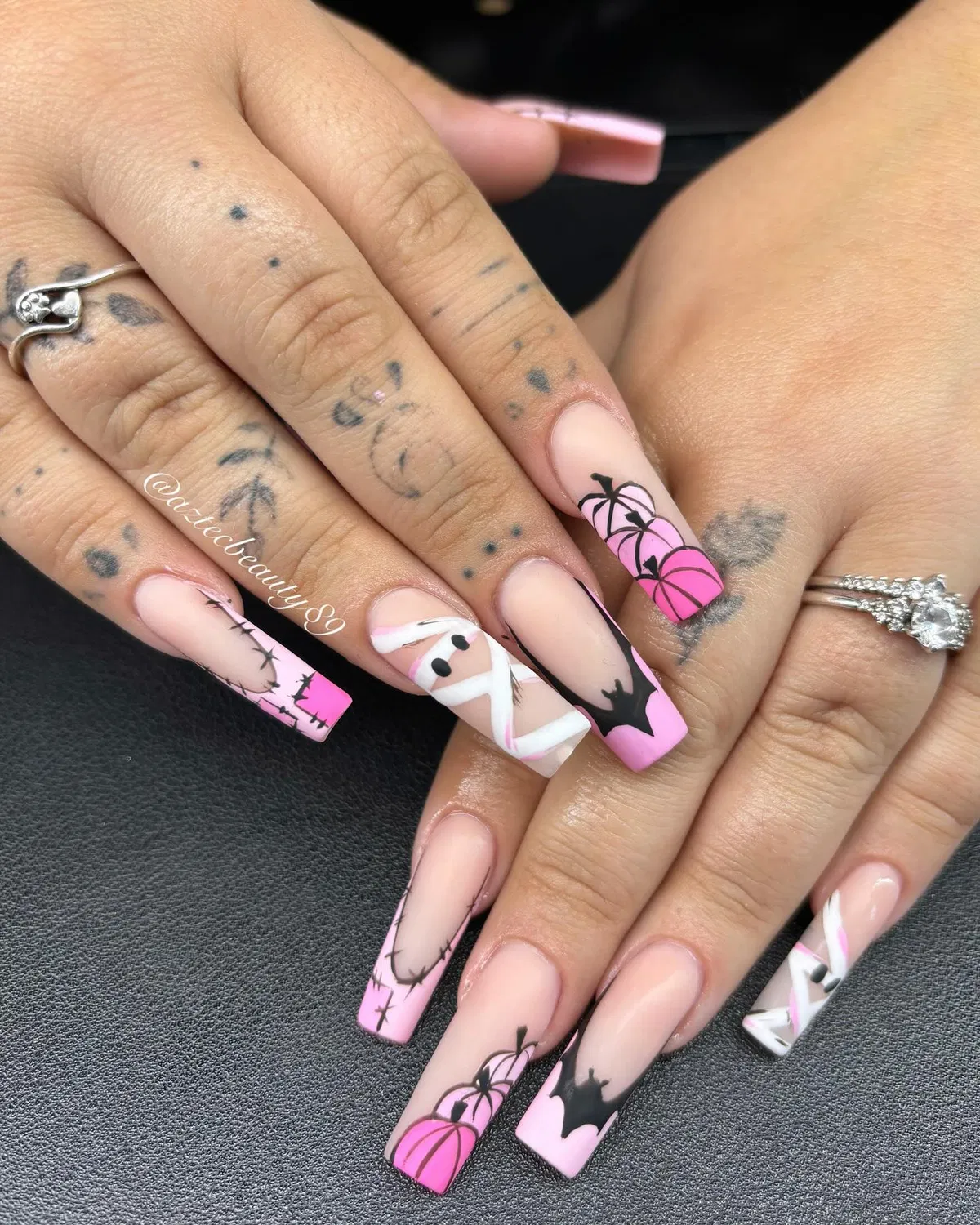 Pink Tips with Pumpkins, Bats, and Wrap-Style Accent