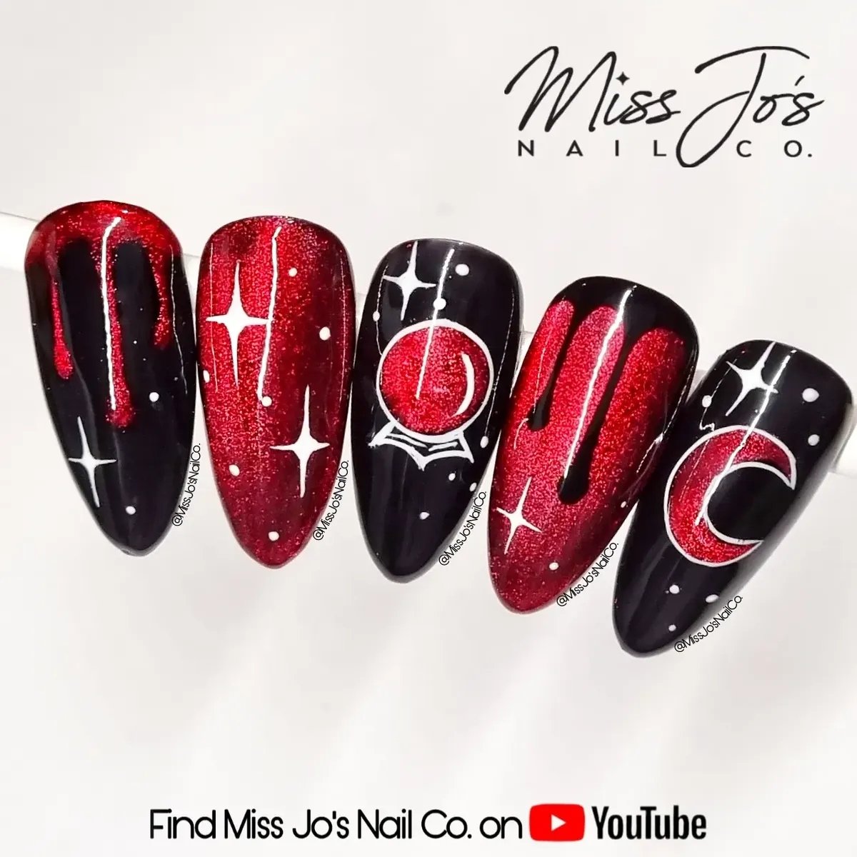 Black and Red Glitter Tips with Drips, Moon, and Orb