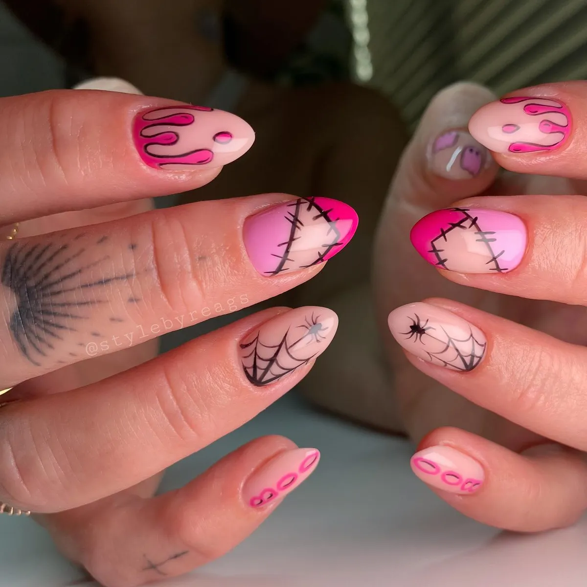 Hot Pink Tips with Stitches, Webs, and Drip Accents
