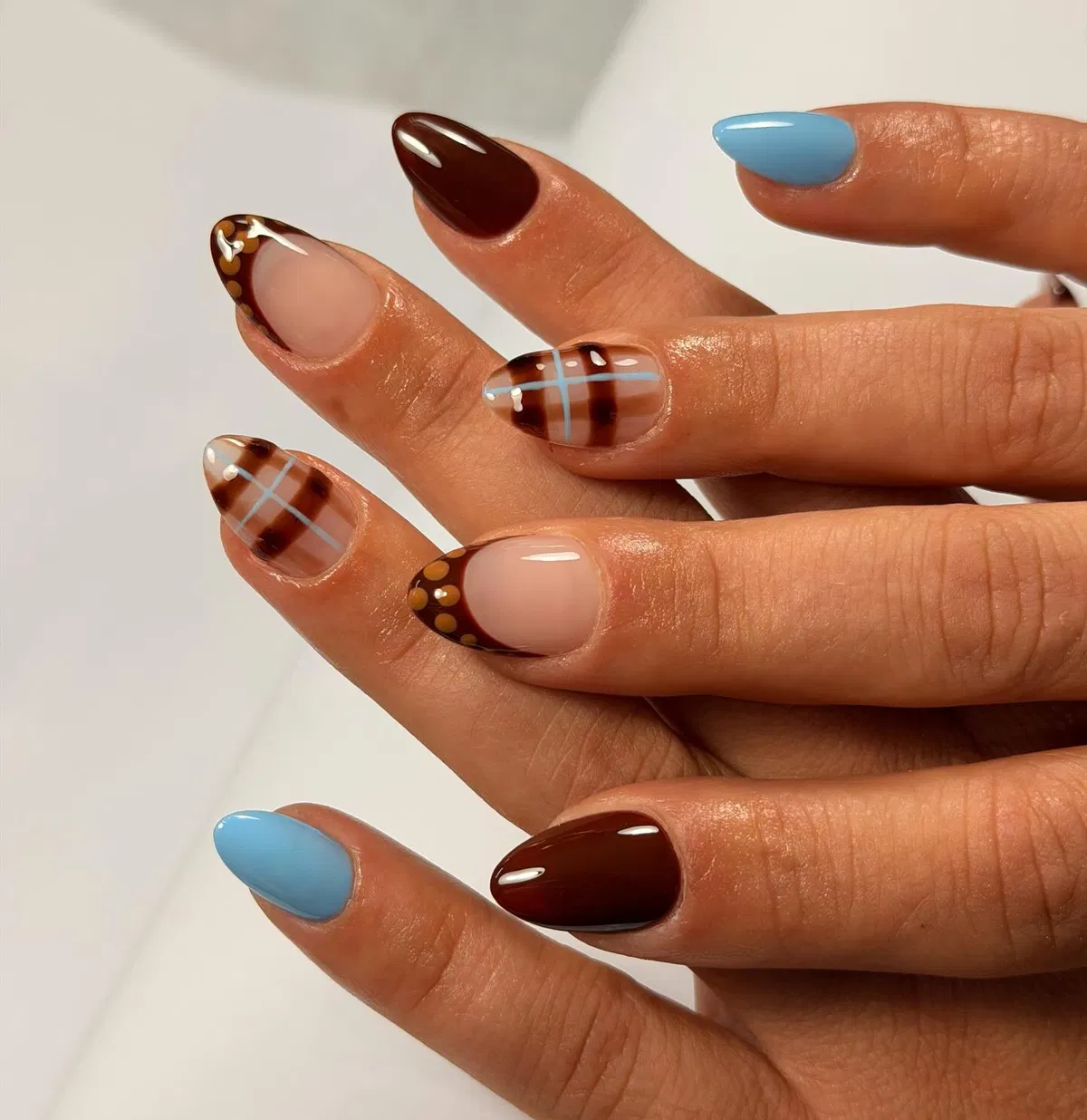 Brown-and-blue plaid French tips with gold dot accents