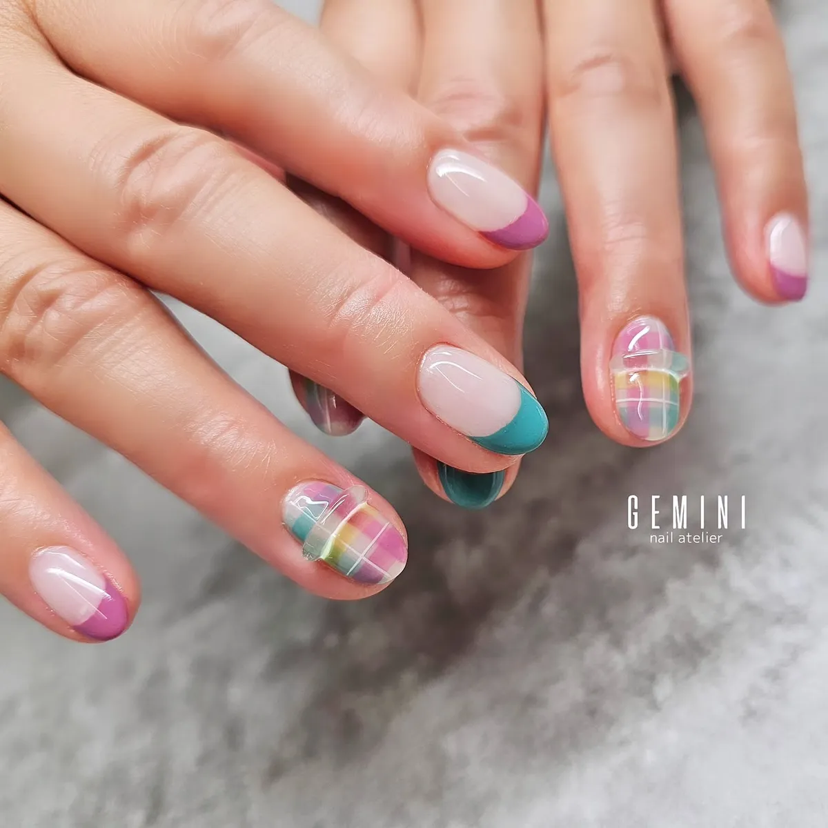 Pastel plaid with purple and teal French tips