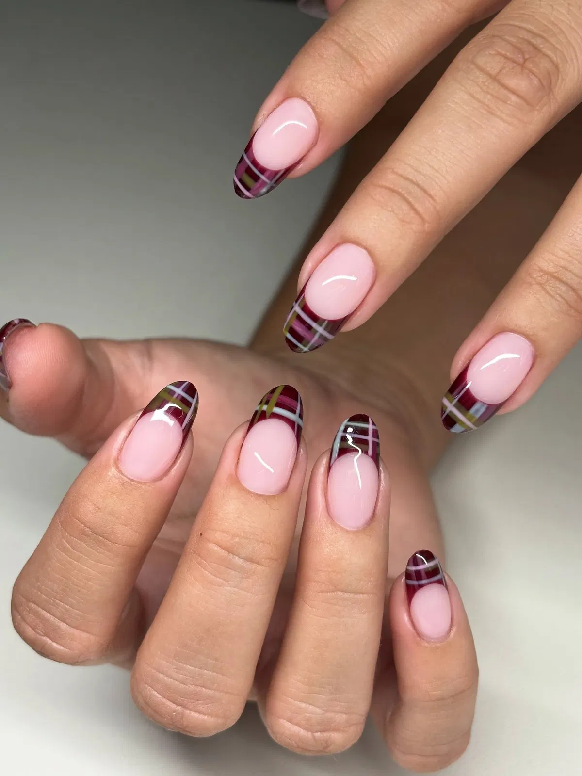 Burgundy plaid French tips with white and olive lines