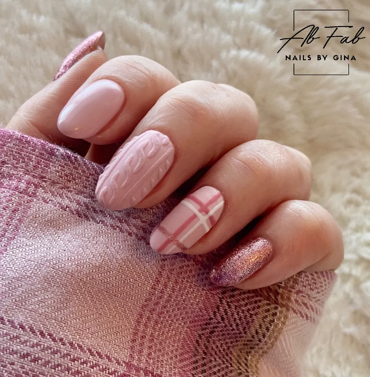 Soft pink plaid with textured and glitter accents