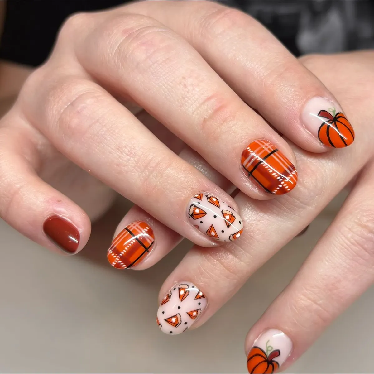 Orange Plaid Nails with Pumpkin Accents